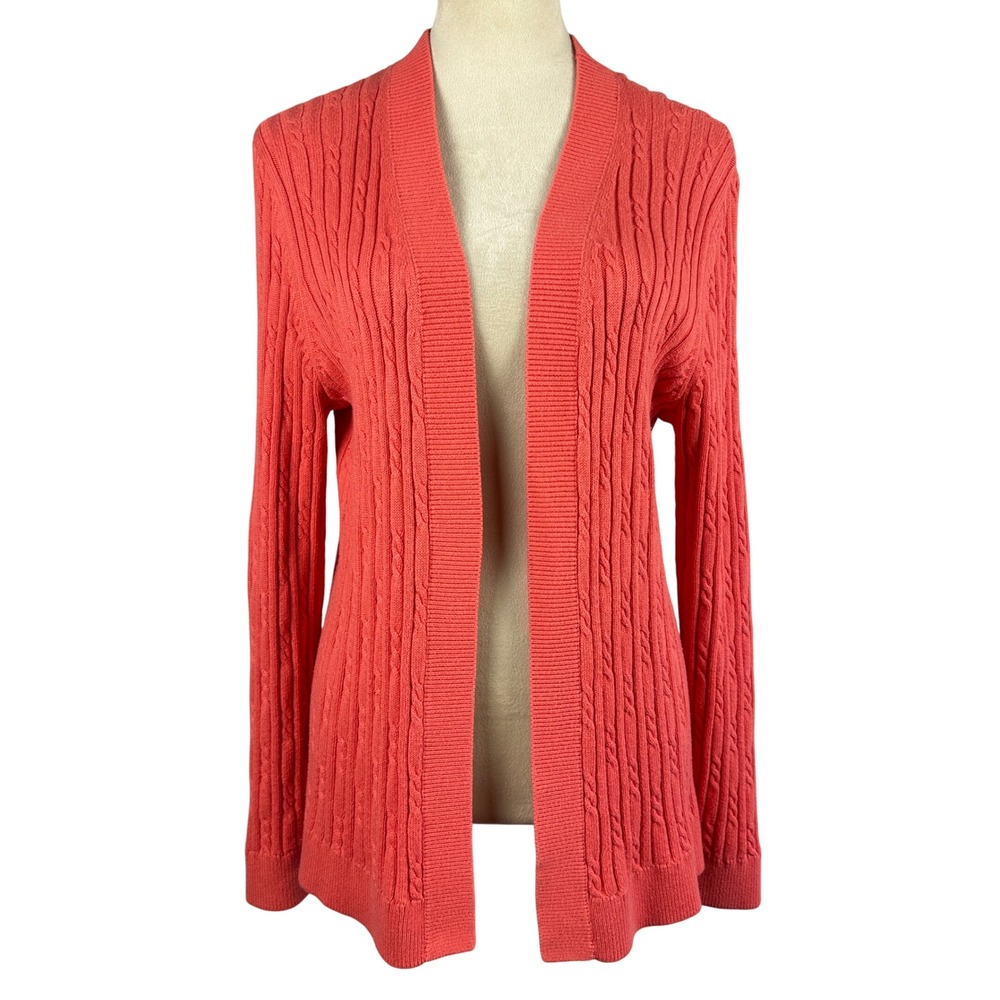 Talbots Coral Cable Knit Open Front Cardigan Sweater Womens Large Feminine‎